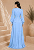 Blue Keyhole Balloon Sleeve Evening Gown