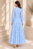 Blue Lace Button Front Tie Waist Maxi Dress