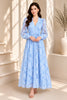 Blue Lace Button Front Tie Waist Maxi Dress