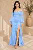 Blue Off Shoulder Ruched High Slit Evening Gown