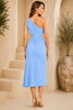 Blue One Shoulder Knot Waist Midi Dress