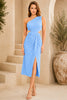 Blue One Shoulder Knot Waist Midi Dress