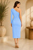 Blue One Shoulder Ruched Midi Dress