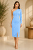 Blue One Shoulder Ruched Midi Dress