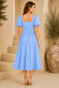 Blue Puff Sleeve Belted Midi Dress