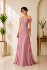 Blush Pink Off Shoulder Lace Evening Gown