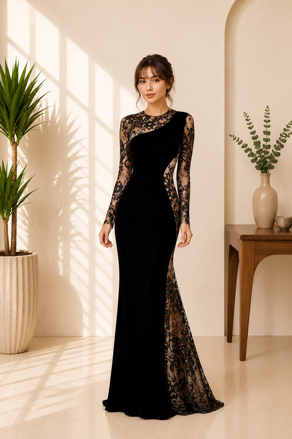 Black floor-length lace mermaid wedding dress with long sleeves and jewel neckline