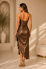 Bronze Satin Ruched Slip Midi Dress