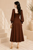 Brown Balloon Sleeve Square Neck Midi Dress