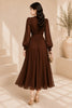 Brown Chiffon Wrap Midi Dress with Long Sleeves