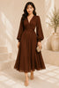 Brown Chiffon Wrap Midi Dress with Long Sleeves