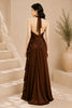 Brown Halter Ruffle High Slit Evening Gown