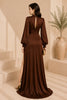Brown Keyhole Balloon Sleeve High Slit Evening Gown