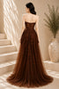 Brown Lace Applique High Slit Tulle Evening Gown