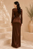 Brown Long Sleeve Draped Satin Column Gown