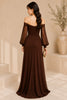 Brown Off Shoulder Ruched High Slit Evening Gown
