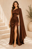 Brown One Shoulder Draped Cape Gown