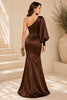 Brown One Sleeve Satin Mermaid Gown