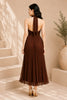 Brown Pleated Halter Midi Evening Dress