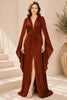 Brown Rust Cape Sleeve Draped Evening Gown