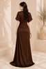 Brown Satin Ruched Wrap Evening Gown