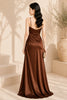 Brown Satin Twist Bust High Slit Evening Gown