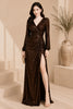 Brown Sequin Wrap High Slit Evening Gown