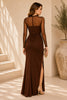 Brown Sheer Sleeve Ruched Slit Gown