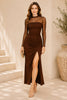 Brown Sheer Sleeve Ruched Slit Gown