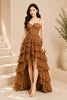 Brown Tiered Ruffle High Low Corset Dress