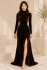 Brown Velvet High Neck Ruched Evening Gown