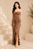 Brown ruffled strapless high low evening gown