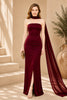 Burgundy Cape Column Evening Gown