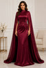 Burgundy Cape Satin Evening Gown