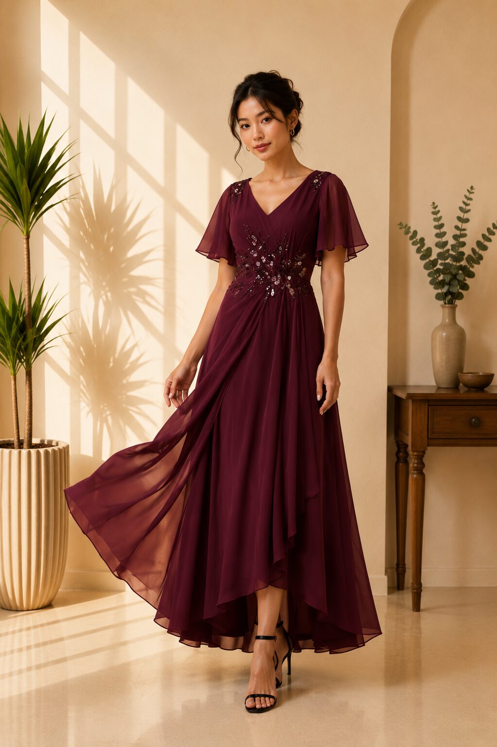 Burgundy Chiffon High Low Dress