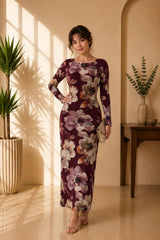 Burgundy Floral Bodycon Maxi Dress