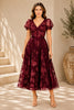 Burgundy Floral Embroidered Midi Dress