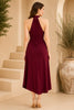 Burgundy Halter Draped Wrap Midi Dress