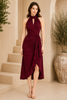 Burgundy Halter Draped Wrap Midi Dress