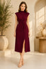 Burgundy High Neck Knot Waist Midi Dress