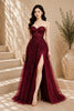 Burgundy Lace Applique High Slit Tulle Evening Gown