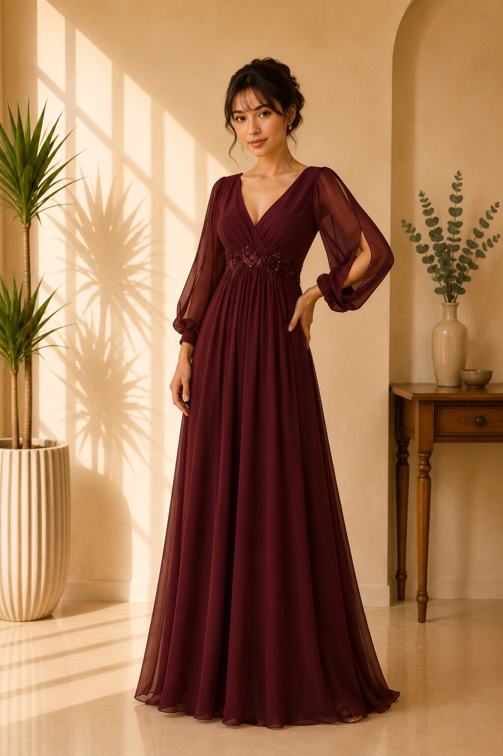 Burgundy Lantern Sleeve Gown