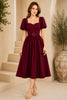 Burgundy Puff Sleeve Belted Midi Dress