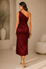 Burgundy Satin One Shoulder Ruched Midi Dress