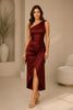 Burgundy Satin One Shoulder Ruched Midi Dress