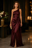 Burgundy Satin One Shoulder Evening Gown