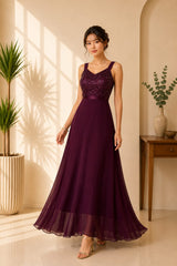 Burgundy Sequin Chiffon Formal Dress