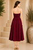 Burgundy Strapless Ruched Waist Midi Dress