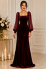 Burgundy Velvet Sheer Sleeve Evening Gown