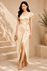 Champagne Flutter Sleeve Wrap Evening Gown